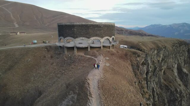 Cross Pass in mountains of Georgia. Caucasus. Soviet Monument to Russian Georgian Arch of Friendship of Peoples