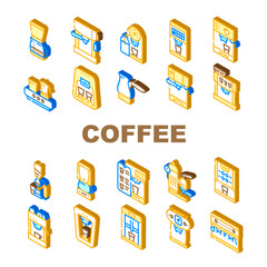 Coffee Machine Barista Equipment Icons Set Vector. Electric Turk For Brewing Energy Drink And Vintage Coffee Machine, Drip Filtration And Geyser Device Technology Isometric Sign Color Illustrations