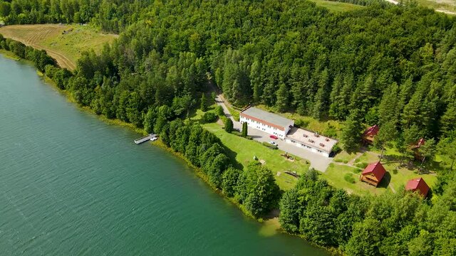 Recreation Center Of The University of Gdansk At The Shore Of Lake Radun In Laczyno, Poland. aerial
