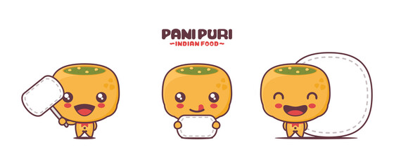 cute panipuri cartoon mascot. indian street food illustration, with blank board banner