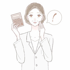 電卓を持つ、驚いている中年の女性医師