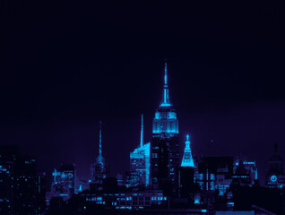 Fototapeta na wymiar Blue lights of the New York City skyline buildings glowing against the empty night sky