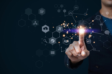 Fingerprint scan provides security access with biometrics identification. Business Technology Safety Internet Concept.