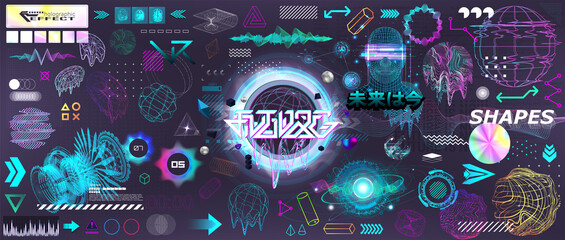 Fototapeta Retrofuturistic 3D objects and shapes in trandy collection. Geometric and abstract elements in vaporwave style from 80s-90s. Cyberpunk old wave. 3D shapes set with glitch and neon effect. Vector set obraz