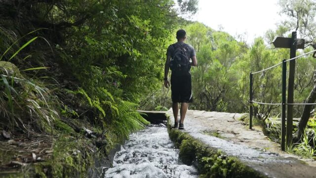 Hiker walks down lush trail following flowing levada aqueduct, slow motion