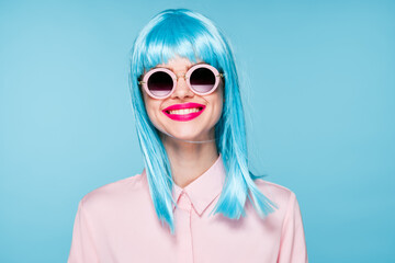 beautiful woman in blue wig sunglasses Glamor fashion