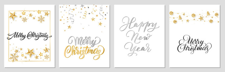 Christmas cards with gold and silver glitter decoration. Merry Christmas and Happy New Year hand written calligraphy. Elegant luxury design. For winter holiday banners, gift tags, party posters.
