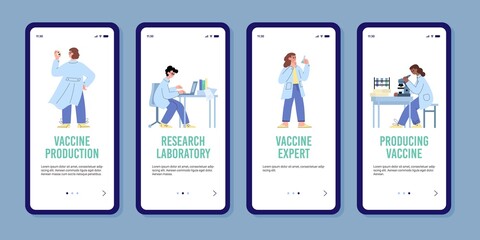 Vaccine production and laboratory onboarding pages, flat vector illustration.