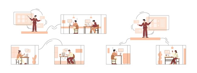 People studying and teaching virtual classroom flat vector illustration isolated.