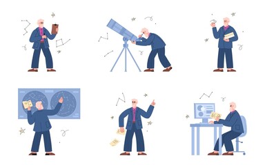 Characters of astronomy scientist studying space, vector illustration isolated.