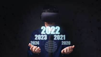 People pointing at numbers, holograms, year 2022