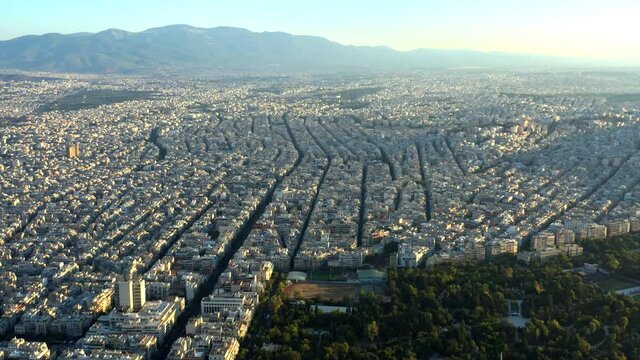 Aerial wide Urban Landscape Athens North Vast city at sunrise, Greece