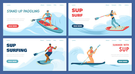 Set of web pages with young sport people standing on paddle boards in waves - obrazy, fototapety, plakaty