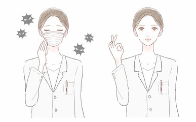 風邪・インフルエンザにかかった女性医師のビフォーアフター 不織布マスクを着用した女性医師
