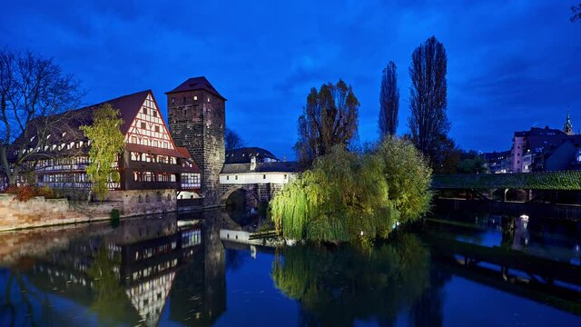 Nuremberg historic city night time-lapse. Germany