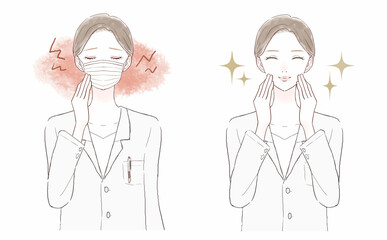 マスク着用による摩擦・炎症に悩む女性医師のビフォーアフター