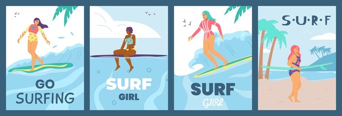 Womens extreme beach surfing water sports cards, flat vector illustration.