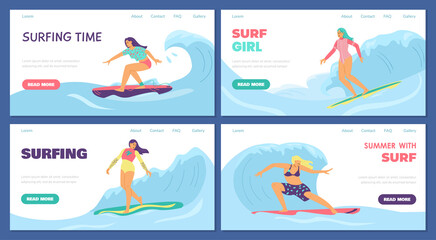 Set of web banners with surf girls who surfing on surfboard in blue waves.