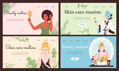 Skin care and beauty routine for women web banners, flat vector illustration.
