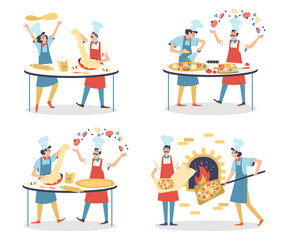 Cooking of pizza at cuisine of restaurant or pizzeria by chefs pizza makers.