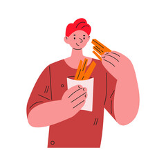 Young man eating French fries. Vector illustration in flat style.