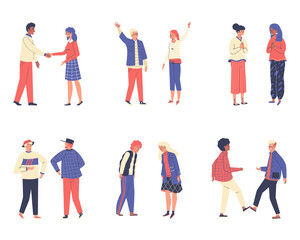 Set of people greeting each other with alternative methods - with elbows or feet, waving or bowing, flat vector illustration isolated on white background.
