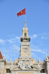 People's Committee of Ho Chi Minh City Upper Central Facade Detail with Flag and Clock Tower, Portrait