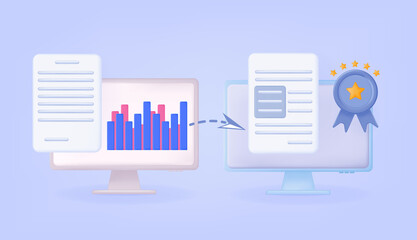 3d online data transmission. Sharing, information, remote platform. Transmitting or receiving data, analyzing graphs with a successful final result on a computer screen. Digital technologies. 