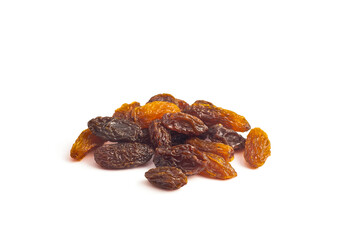 An image isolated close-up pile raisin or grape on a white background is a fruit dried flavour sweet for ingredient mix dessert.