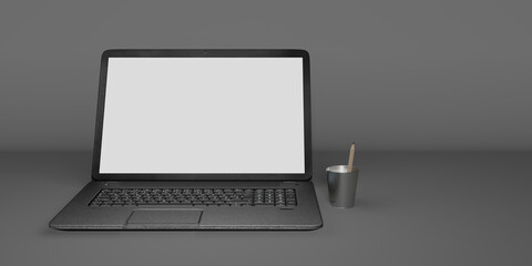 laptop computer with white screen and keyboard 3D illustration