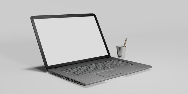 laptop computer with white screen and keyboard 3D illustration
