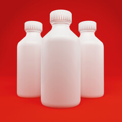 Three white medical containers on red background. 3d render illustration