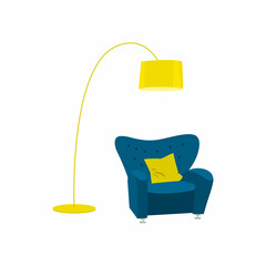 Soft blue armchair and yellow floor lamp for loft-style creative office or cozy apartment. Element of fashionable furniture for interior of recreational or chill area at work.Raster illustration