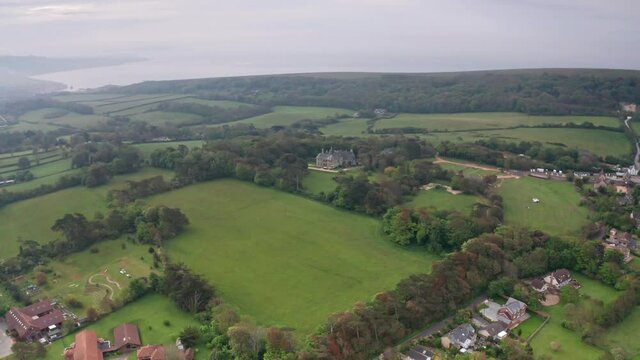 Aerial Drone flyover feilds near Weston Manor House Isle of Wight