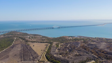 Kerch, Crimea. View of the new Crimean bridge. Fortress Kerch. Clear weather, Aerial View
