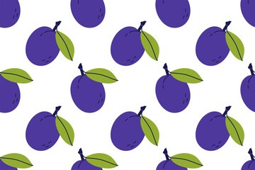 Plum fruit with leaf. Seamless pattern. Hand drawn vector illustration. Sweet natural food.