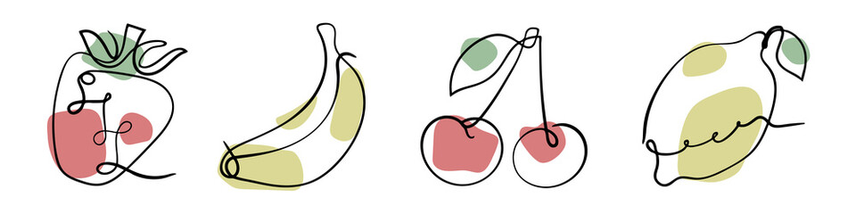 Fruit and berry set. Strawberry, banana, cherry and lemon sketch. Hand drawn illustration