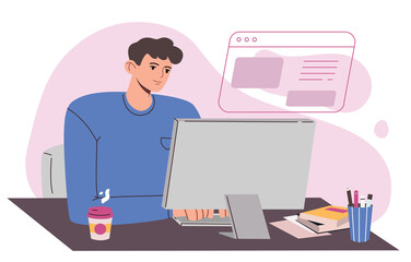 Fototapeta na wymiar Young man working on computer at home or office. Hand drawn vector colorful flat cartoon style illustration