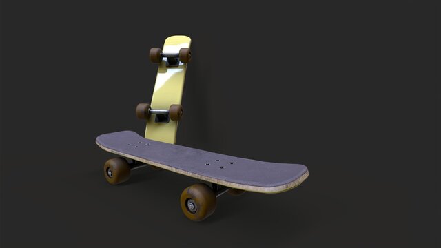 two skateboards isolated on dark grey infinite background 3D rendered image