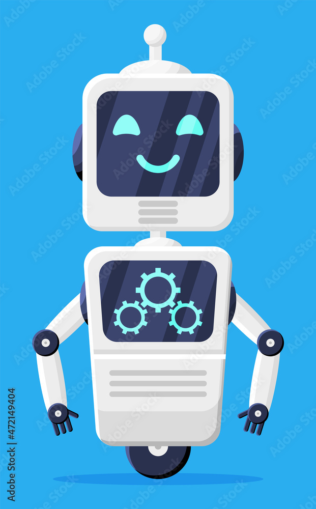 Poster happy smiling robot with isolated. chat bot with gears. chatbot robot greets. artificial intelligenc