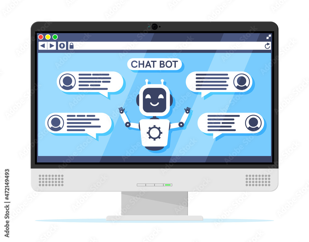 Poster computer with chat bot speak in bubble on screen. robot with speech window. chatbot greets. online s