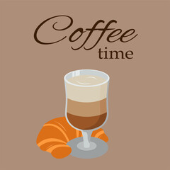 A glass of latte with croissant . Coffee time
