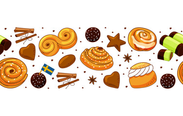 Traditional Swedish sweets seamless border. Kanelbulle bun, cinnamon roll, Pepparkakor, Semla, lussekatt, dammsugare, and chokladboll. Vector cartoon illustration