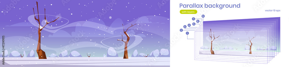 Poster winter landscape with bare trees, bushes, white snow and wind. vector parallax background for 2d ani