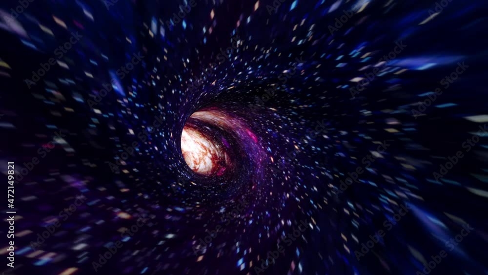 Poster abstract dark blue multicolored hyperspace warp tunnel through time and space animation. 4k 3d loop 