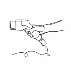 Vector abstract continuous one single simple line drawing icon of hand holding electric car charger in silhouette sketch.