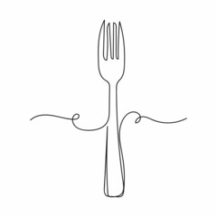 Vector abstract continuous one single simple line drawing icon of fork in silhouette sketch. - obrazy, fototapety, plakaty