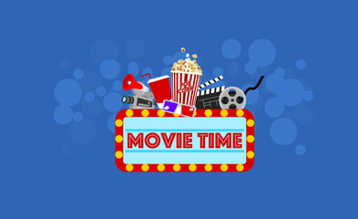 Movie time. Vector illustration. Background concept of entertainment cinema object on blue background and framed signage with light bulbs