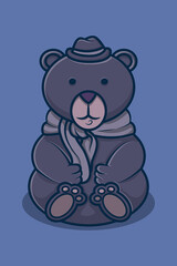 Illustration of a dark blue bear wearing a hat and a scarf around his neck on a blue background