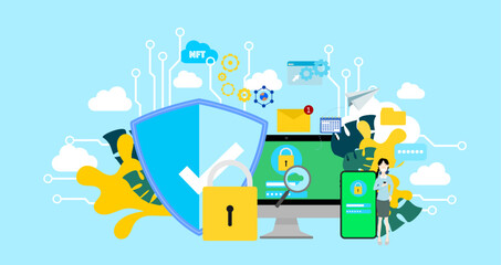 Obraz premium Security system protecting personal data and digital assets. Flat design vector illustration.